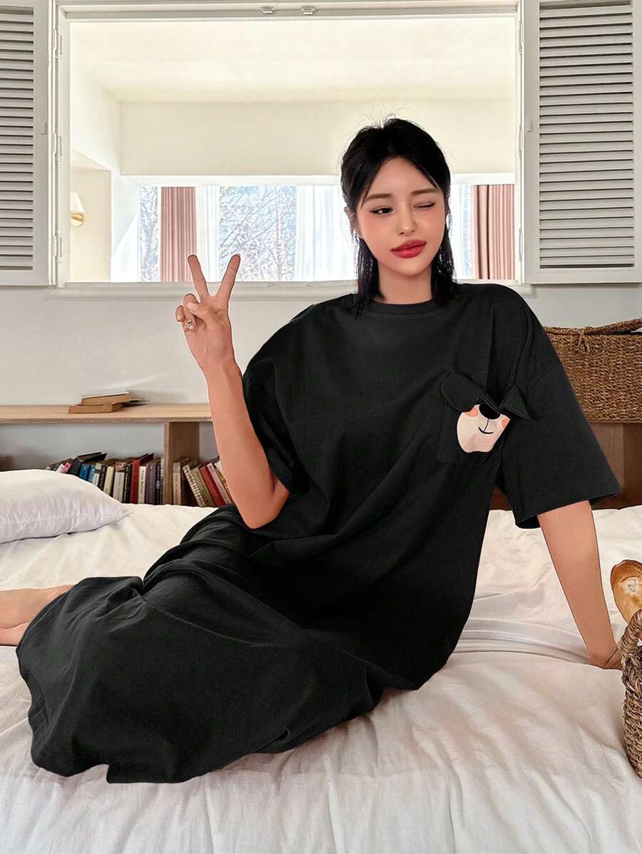 DAZY 可愛熊圖案印花短袖睡裙,帶口袋,適用於春夏季 - 黑色 - 查看 1