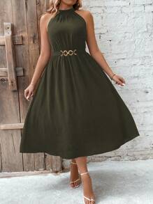 SHEIN Unity 加大码金属腰带，露背夏季收腰连衣裙女装 - 軍綠色 - 查看 4