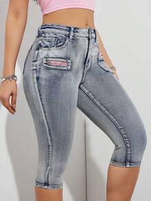 Quần jeans nữ Y2K phối màu xám, túi khóa kéo, dáng skinny, co giãn, kiểu dáng đường phố năng động, thích hợp cho mùa xuân/hè. - Xám - Xem 4