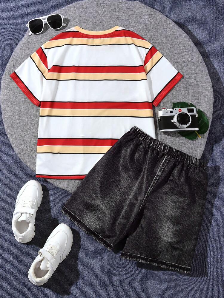 Tween Boys' Loose Fit Casual Striped Pattern Short Sleeve T-Shirt And Denim Effect Shorts Summer Outfits