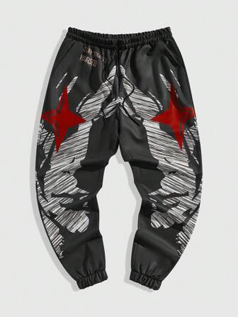 Grunge Punk سروال طويل للرجال مع خصر برباط ومطبوع عليها وجه ونجمة لفصلي الربيع والخريف