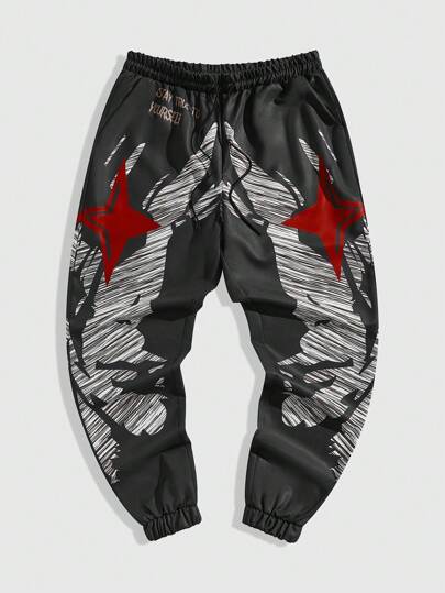 Grunge Punk Men Face & Star Printed Drawstring Waist Long Pants For Spring And Autumn