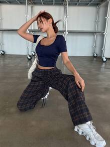 DAZY 格纹抽绳腰长款休闲裤 - 彩色 - 查看 2