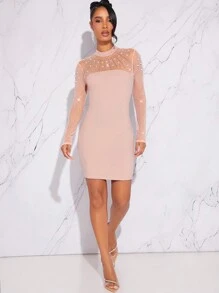 L'Amorae Faux Pearl Rhinestone Contrast Mesh Bodycon Dress - Pink - View 5