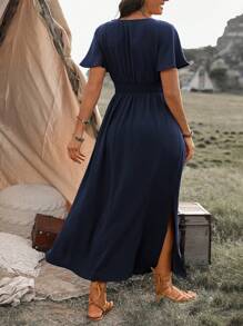 Franclia Robe longue d'été grande taille de couleur unie avec fentes latérales et taille cintrée, tenue maxi pour femmes