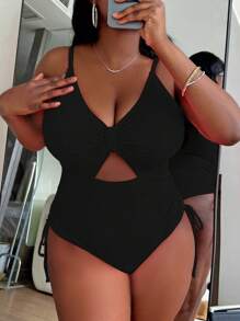 Slaydiva 大尺碼夏季海灘女士純色簡約一件式泳衣 - 彩色 - 查看 3