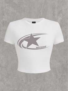 SHEIN EZwear 休闲星星图案圆领短袖修身女式 T 恤，适合夏季 - 白色 - 查看 1