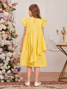 SHEIN Tween Girls' Loose, Cute Cap Sleeve Asymmetrical Ruffle A-Line Dress With Round Neckline