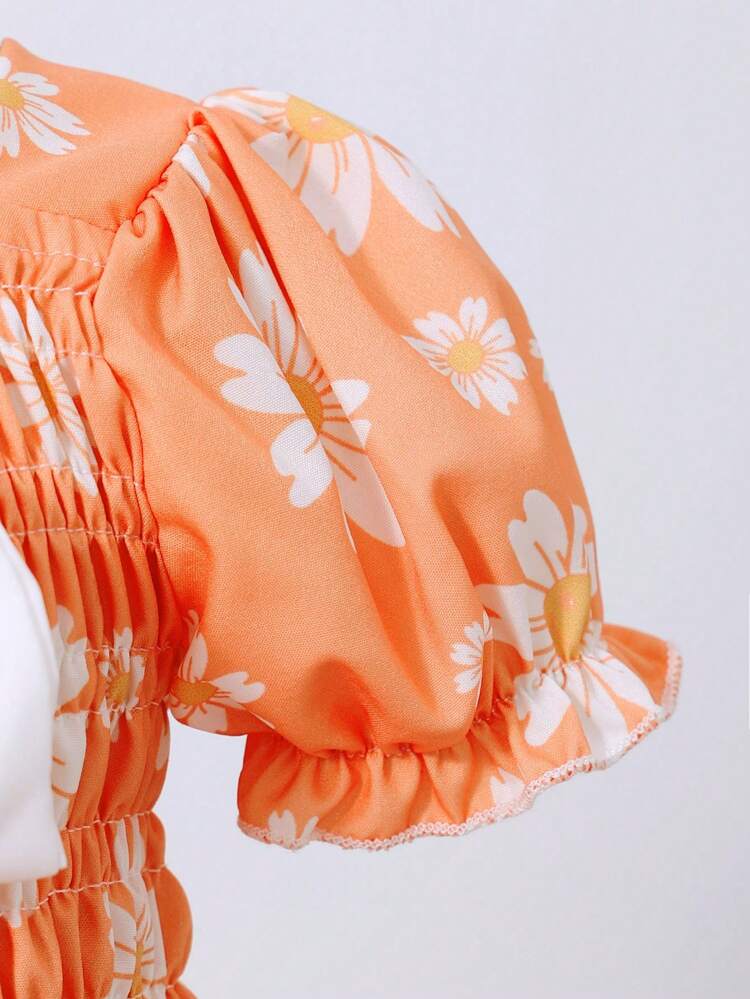 Baby Girl Bow Decorated Floral Print Puff Sleeve Summer Dress