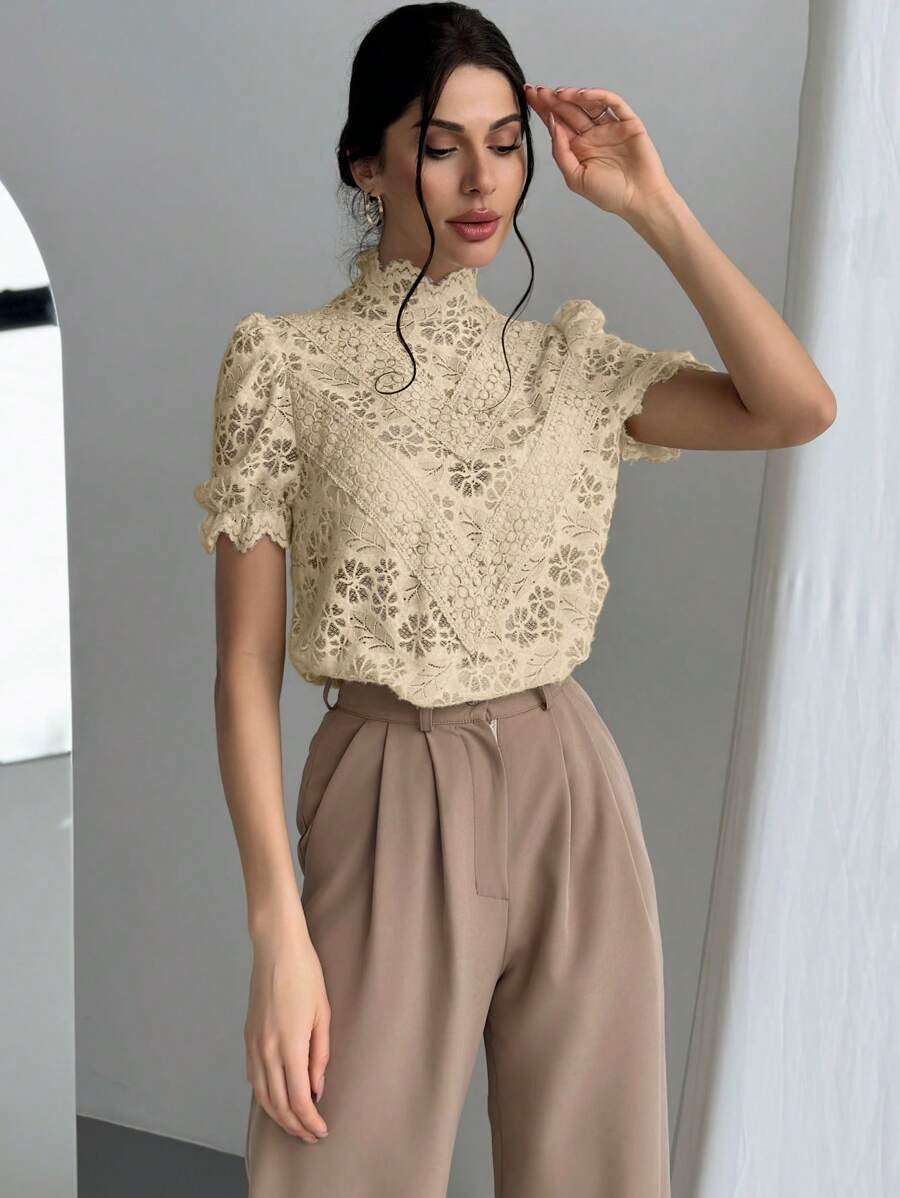 Firerie 質感織物泡泡袖透視女裝襯衫,結婚季節優雅款式 - 卡其色 - 查看 1