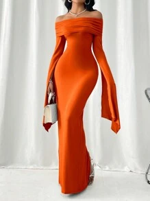SHEIN Privé Spring Summer Off Shoulder Split Sleeve Bodycon Dress - Orange - View 6