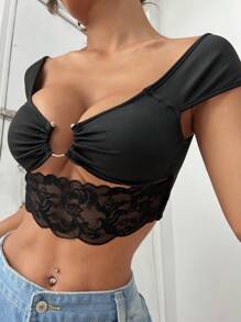 VaVaBold Quý cô Mùa hè Váy rộng Liên kết Ren Vá lại Xu hướng: Cắt giảm Chèn Vai Ngắn tay Thon gọn Áo thun - màu đen - Xem 4