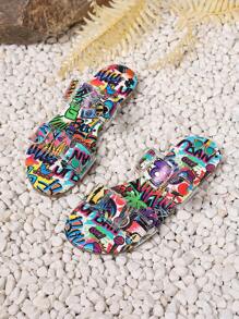 Women Fashionable Round Toe Foreign Trade Large Size Open Toe Letter Print Graffiti Blue Transparent Strap Beach Flat Slipper,Boho Style,Spring Summer Outfits - Multicolor - View 5