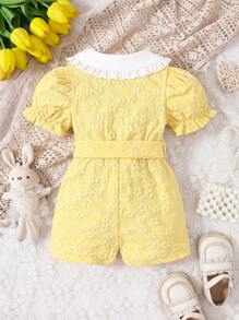 Baby Girl's Casual Short Sleeve Romper With 3d Flower Collar, Summer - Yellow - View 2