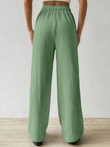 SHEIN EZwear 女性夏季時尚休閒紋理摺痕寬鬆寬腿褲 - 軍綠色 - 查看 2