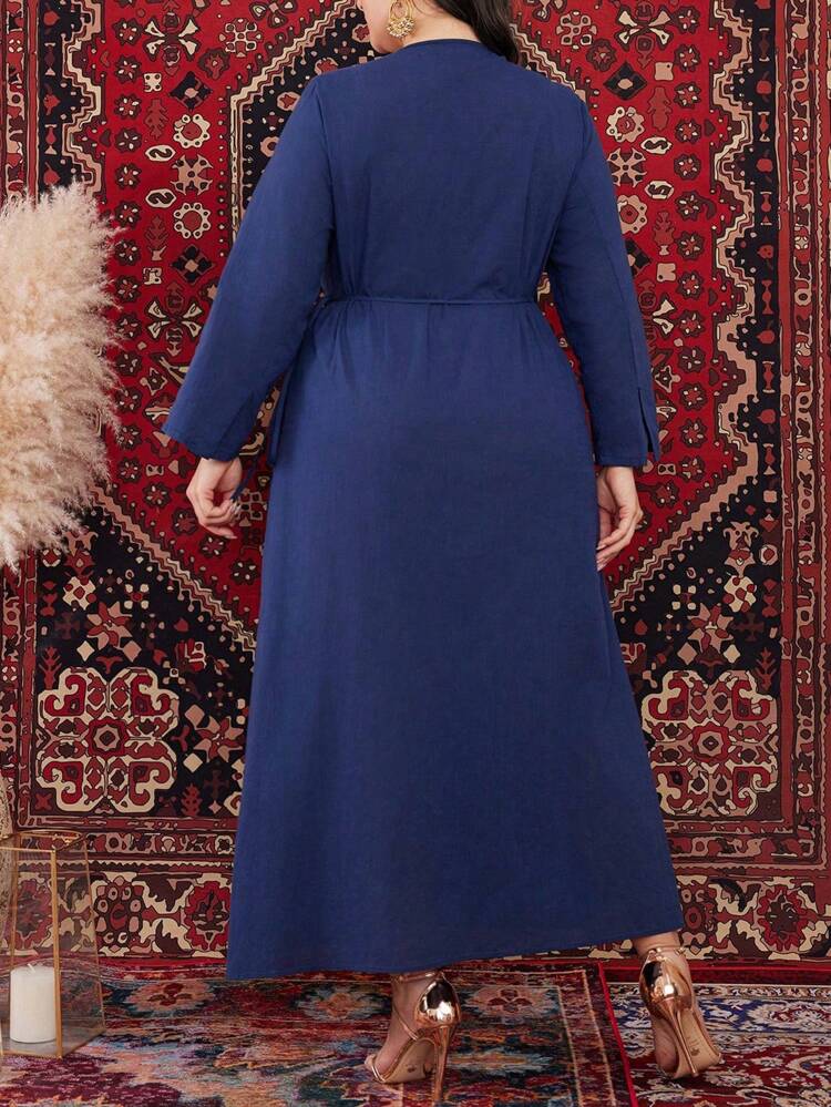 Plus Size Solid Color V-Neck Wrapped & Knotted Long Dress In Arabic Style Clothing
