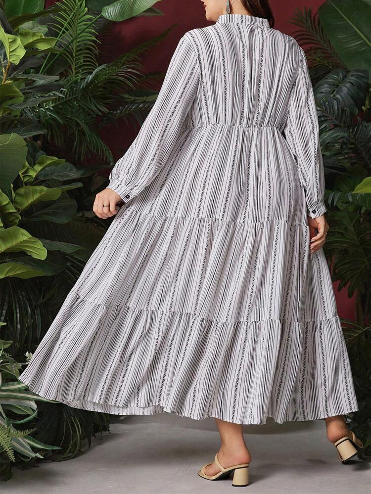 Plus Size Printed Lantern Sleeve Stand Collar Shirt Dress