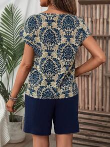 EMERY ROSE Conjunto de top de manga de murciélago con estampado y shorts con cordón en la cintura para mujer, conjunto de dos piezas para verano - Azul - Ver 2