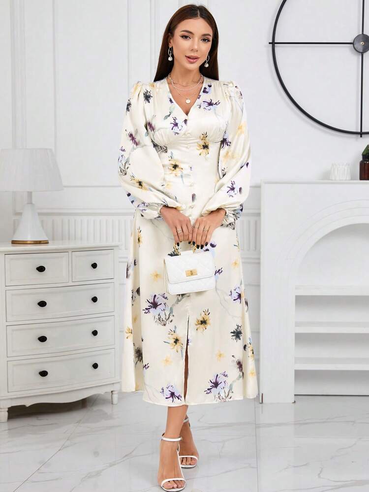 Floral Print Split V-Neck Lantern Sleeve Dress Long Evening Dresses