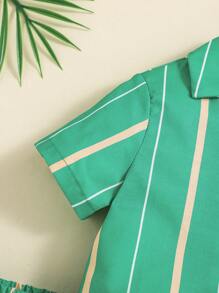 SHEIN Baby Boy Striped Short Sleeve Shirt With Lapel Collar And Casual Shorts Set