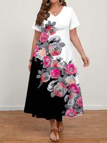 EMERY ROSE Đầm tay ngắn cổ chữ V in hoa thường ngày cỡ lớn dành cho nữ, phù hợp cho mùa hè - Đen và trắng - Xem 1