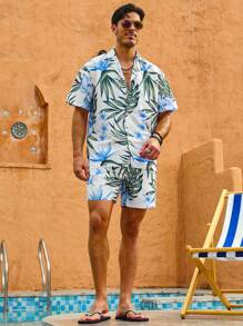 Set de playa para hombres con estilo vacacional de camisa y pantalones cortos con estampado de hojas de árbol - Multicolor - Ver 6