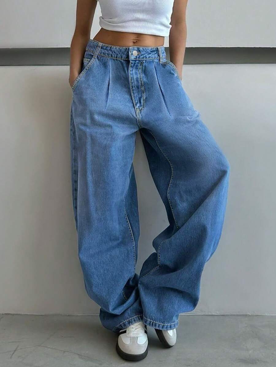 Women'S High Waisted Wide-Leg Jeans - Medium Wash - View 1