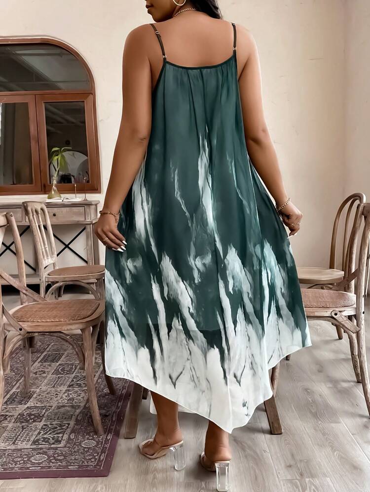 Plus Size Women's Tie-Dye Uneven Hem Spaghetti Strap Dress