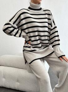 SHEIN Tall Women's Striped High Neck Batwing Sleeve Sweater And Solid Color Pants Two Pieces Set - Apricot - View 4