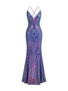 SHEIN Belle Elegante Vestido De Noche Con Brillo De Cola De Sirena, Sensual Y Descubierto En La Espalda - Multicolor - Ver 8