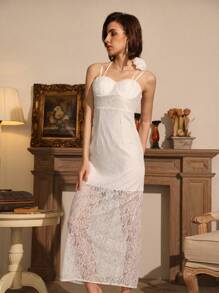 Chiquease 3D Floral Decor Cinching Waist Lace Split Elegant Dress - White - View 6