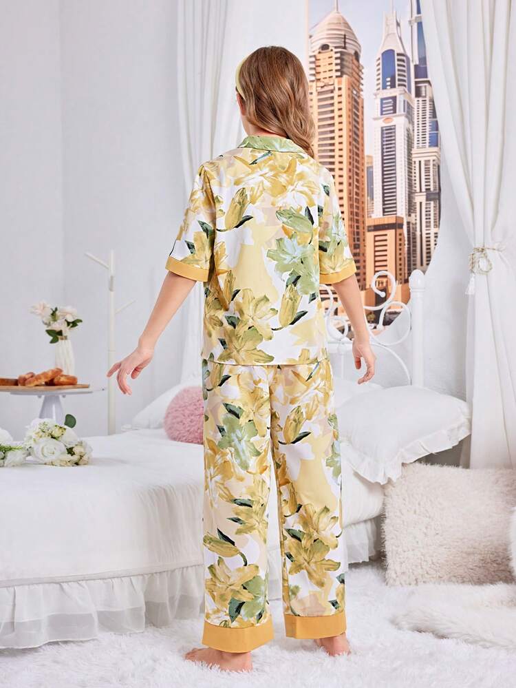 Tween Girl Summer Floral Print V-Neck Cardigan And Pants Pajama Set, Sibling Matching Outfits (2 Sets Sold Separately)