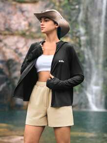 In My Nature Chaqueta Protectora Solar Con Capucha Y Estampado De Letras Para Mujer - Negro - Ver 3