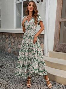 Real Shot Summer New V-Neck Short Sleeve Printed Dress European And American Fashion Elegant Slimming And Large Swing Dress