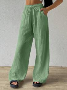 SHEIN EZwear 女性夏季時尚休閒紋理摺痕寬鬆寬腿褲 - 軍綠色 - 查看 4