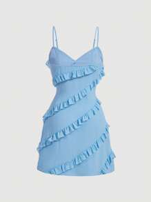 SHEIN MOD 夏季纯色休闲女式太阳裙，带荷叶边肩带 - 淺藍色 - 查看 2