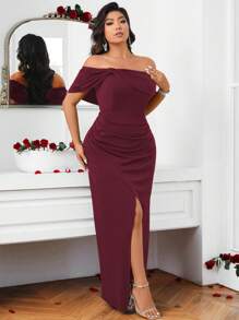 Allurite Burgundy Red Plus Size Solid Color Off-Shoulder Twisted Front High Slit Dress For Spring/Summer Wedding