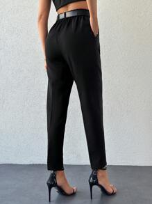 EURMUSE Women Creased Straight Leg Trousers With Slanted Pockets - Black - View 2
