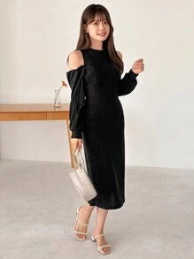 FRIFUL 女式露肩长袖连衣裙，秋季连衣裙 - 黑色 - 查看 2
