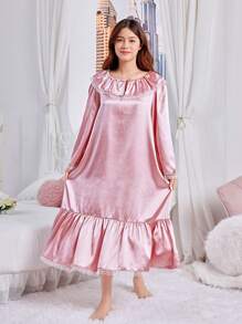SHEIN Ragazza adolescente Abito elegante in raso con decorazioni in pizzo floreale a V-neck per matrimoni e occasioni speciali, matching outfit con abiti per fratelli/sorelle (2 set venduti separatamente) - Rosa Baby - Visualizzare 3