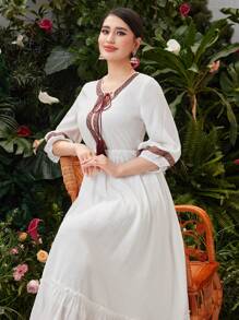 Mulvari 女士編織肩帶拼接腰帶連衣裙 - 白色 - 查看 6