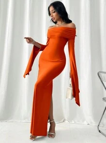 SHEIN Privé Spring Summer Off Shoulder Split Sleeve Bodycon Dress - Orange - View 5