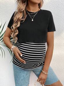 SHEIN Maternity Striped Short Sleeve Breastfeeding Nursing T-Shirt With Color Block Design For Summer