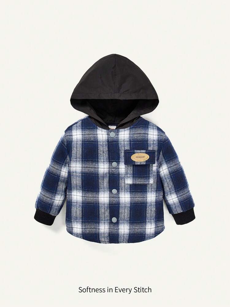 Baby Boy Plaid Print Letter Patched Hooded Coat