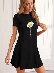 SHEIN Essnce 女士夏季休闲圆领雏菊印花短袖迷你紧身连衣裙 - 黑色 - 查看 3