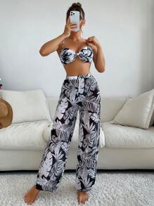 SHEIN Swim Summer Beach Tropical Print Bikini Set Knot Front Bra & High Cut Bottom & Cover Up Pants 3 Piece Bathing Suit - Black and White - View 1