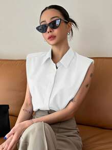 DAZY Solid Color Sleeveless Women Shirt With Turn-Down Collar And Padded Shoulder,Sleeveless Tops Summer Going Out Tops - White - View 5