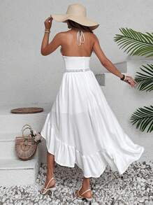 SHEIN Cottnline Swiss Dot Guipure Lace Insert Ruffle Hem Halter Neck Backless Dress - White - View 2