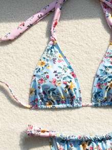 SHEIN Swim Conjunto de traje de baño bikini para mujer con estampado aleatorio dulce y de moda para verano