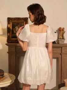 GENKIRA Ladies Fashion Solid Color Short Sleeve V-Neck Dress - White - View 2